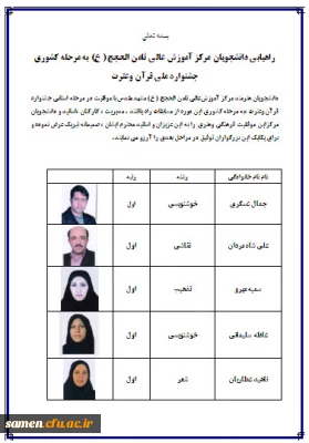 راهیابی دانشجویان مرکز آموزش عالی ثامن الحجج ( ع) به مرحله کشوری جشنواره ملی قرآن وعترت