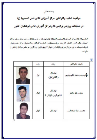 موفقیت اساتید وکارکنان  مرکز آموزش عالی ثامن الحجج ( ع) 
در مسابقات ورزشی پردیس ها و مراکز آموزش عالی فرهنگیان کشور