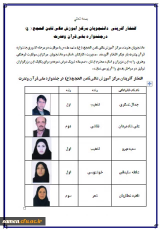 افتخار آفرینی  دانشجویان مرکز آموزش عالی ثامن الحجج ( ع) درجشنواره ملی قرآن وعترت