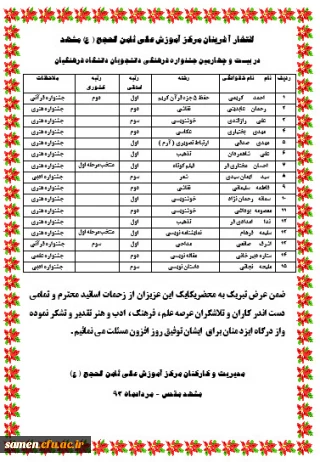 افتخار آ فرینان مرکز آموزش عالی ثامن الحجج ( ع) مشهد در بیست و چهارمین جشنواره فرهنگی دانشجویان دانشگاه فرهنگیان