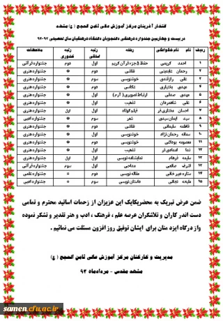 افتخار آ فرینان مرکز آموزش عالی ثامن الحجج ( ع) مشهد

در بیست و چهارمین جشنواره فرهنگی دانشجویان دانشگاه فرهنگیان سال تحصیلی 93-92