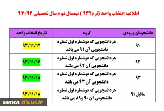 اطلاعیه انتخاب واحد (ترم932 ) نیمسال دوم سال تحصیلی 94/93