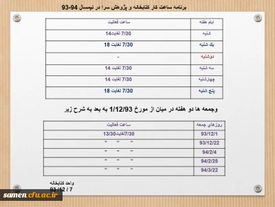 برنامه ساعات کار کتابخانه و پژوهش سرا در نیمسال دوم 94-93

جدید