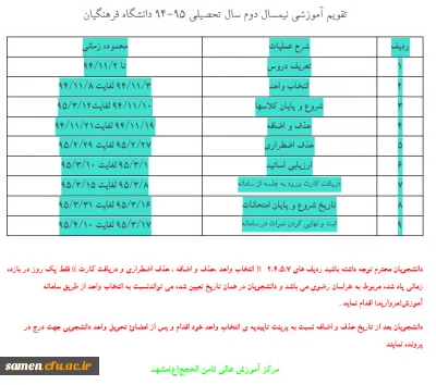 تقویم آموزشی نیمسال دوم سال تحصیلی 95-94 دانشگاه فرهنگیان (ترم 942)
