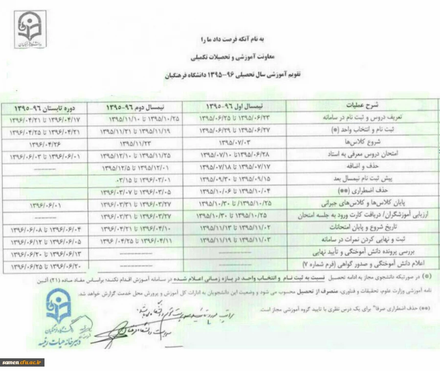 تقویم آموزشی سال تحصیلی 95-94 دانشگاه فرهنگیان