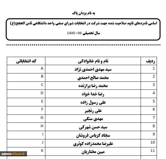 اسامی نامزدهای تایید صلاحیت شده جهت شرکت در انتخابات شورای صنفی واحد دانشگاهی ثامن الحجج(ع) 2