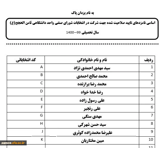 اسامی نامزدهای تایید صلاحیت شده جهت شرکت در انتخابات شورای صنفی واحد دانشگاهی ثامن الحجج(ع) 2